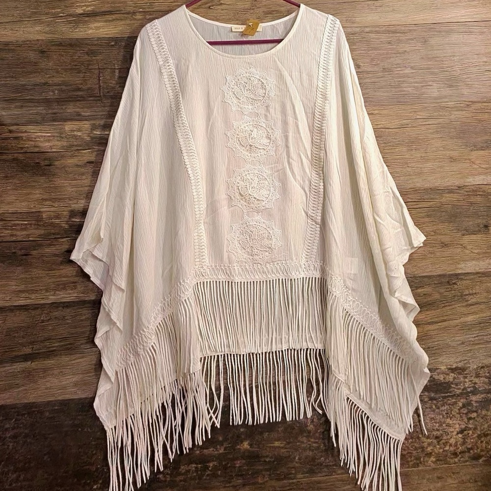 Hot & Delicious Ivory White Fringe Poncho Top